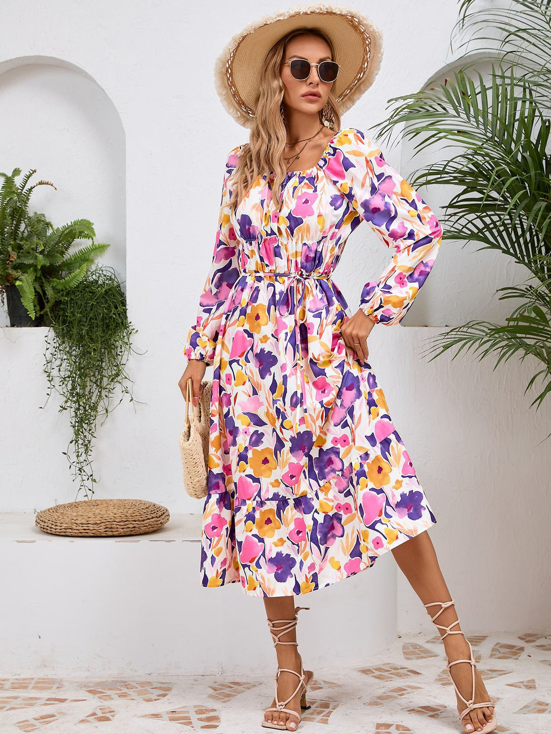 Damen Maxikleid mit floralem Design und elastischem Taillengürtel EB