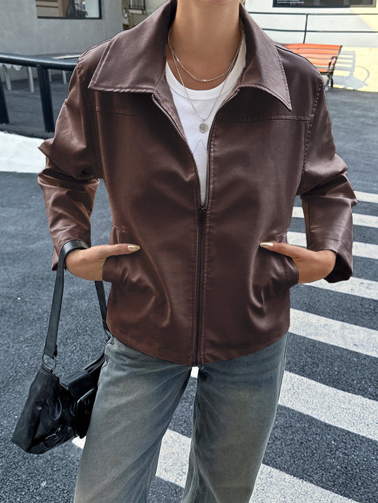 Damen nan elegante Kunstlederjacke mit Reißverschluss, Hemdkragen und Eingrifftaschen EB