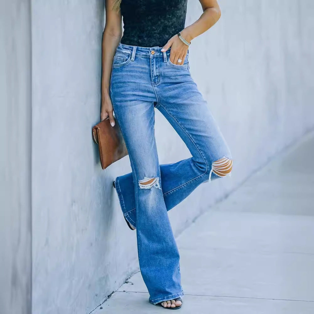 Damen Flared Jeans im Vintage-Stil mit modischen Destroyed-Effekten EB