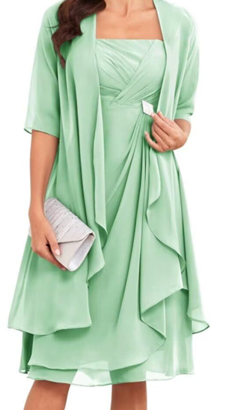 Damen festliches Maxikleid mit einem eleganten Wickeldesign und transparenter Ärmeln Heidi-Mode