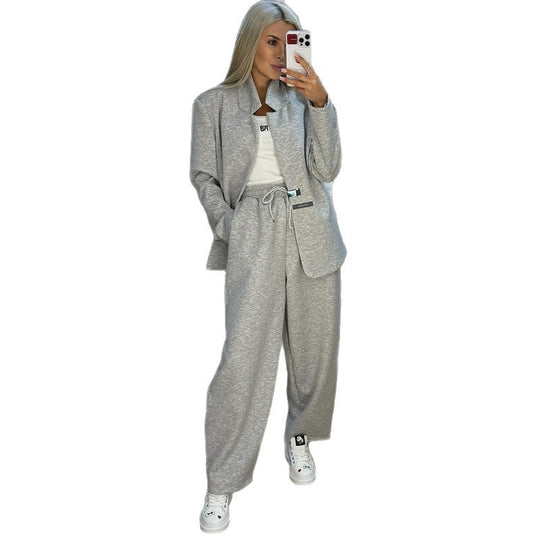 Damen lässige Sweater-Blazer-Kombination mit weit geschnittenen Hosen EB