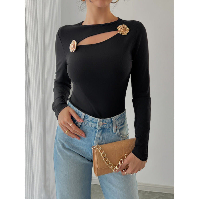 Damen Elegantes Langarm-Bodysuit mit dekorativen Blumenakzenten EB