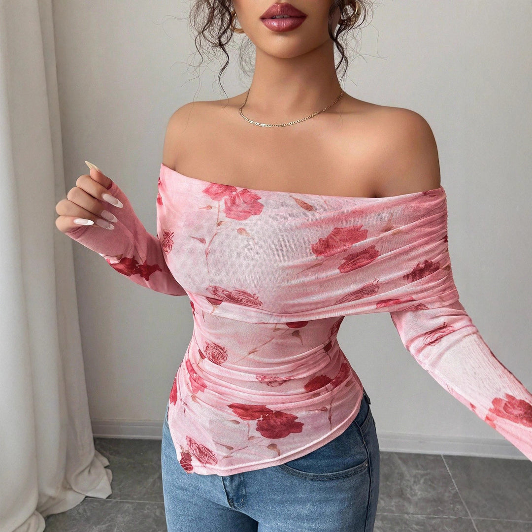 Damen nan schulterfreies gerafftes Langarm-Oberteil aus feinem Mesh mit floralem Print und taillierter Silhouette EB
