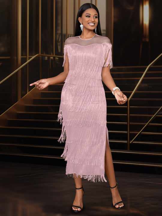 Damen elegantes Fransen Abendkleid EB