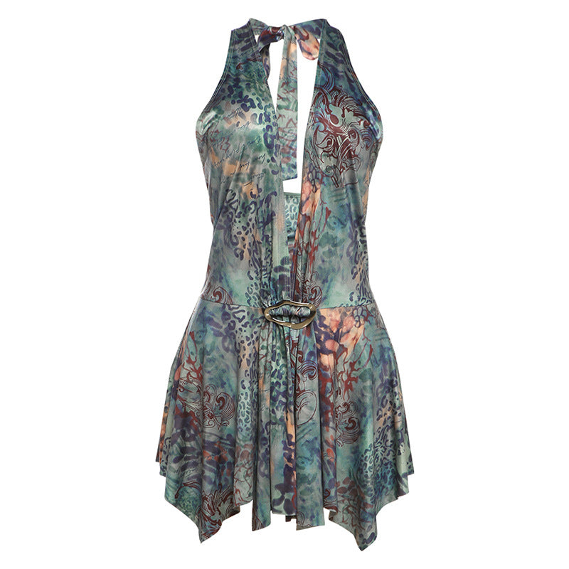 Damen Strandkleid mit halblangem Schnitt und elegantem Bindeband EB