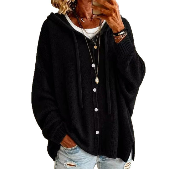 Damen Kapuzen-Cardigan aus strukturiertem Feinstrick mit Knopfleiste EB