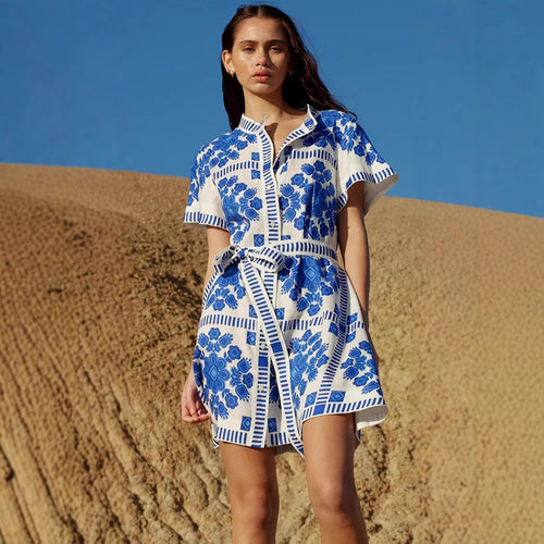 Damen Freizeitkleid mit floralem Muster und bequemen Taillengürtel EB