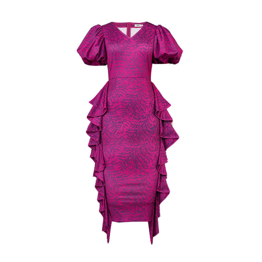 Damen Midi-Kleid mit voluminösen Puffärmeln und raffinierten Rüschendetails EB