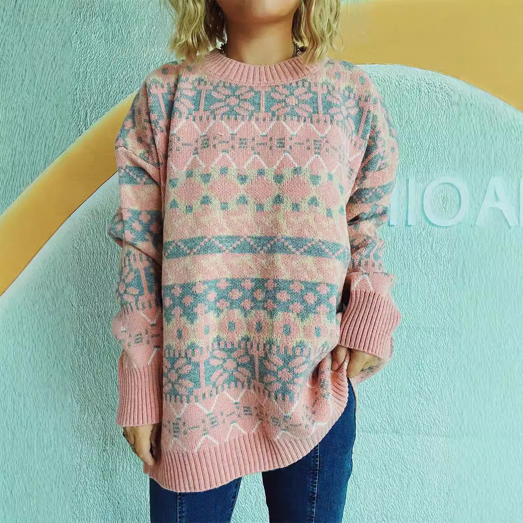 Damen gemütlicher Strickpullover mit winterlichem Muster und lässigem Schnitt EB