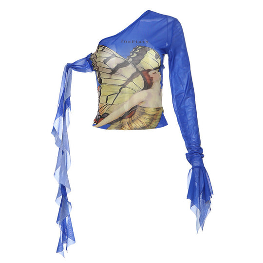 Damen Einseitiges Designer-Oberteil mit kunstvollem Butterfly-Muster und transparenten Rüschendetails EB