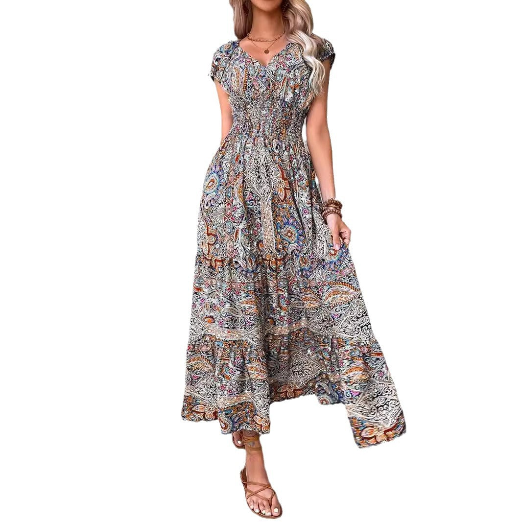 Damen Elegantes Maxikleid mit Floral- und Smock-Detail EB