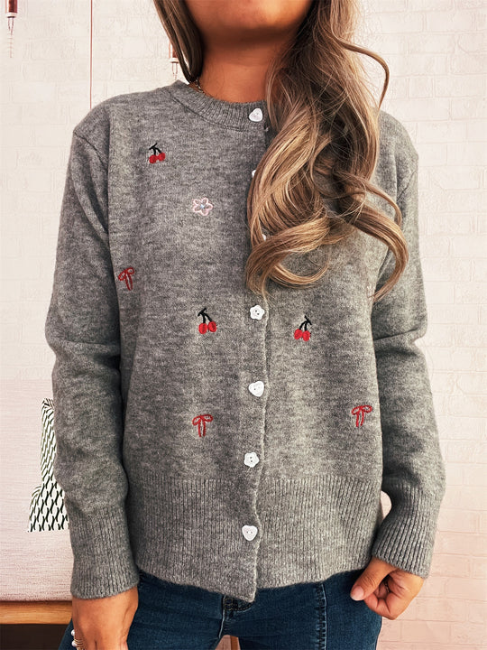 Damen Strickjacke mit liebevollem Blumen- und Kirschdesign EB