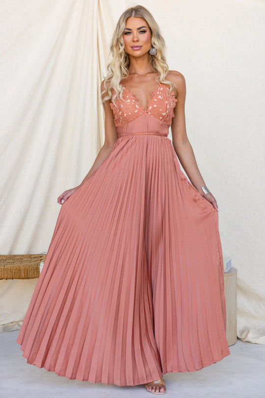 Damen Plissiertes Maxikleid mit verzierten Trägern und elegantem Taillengürtel EB