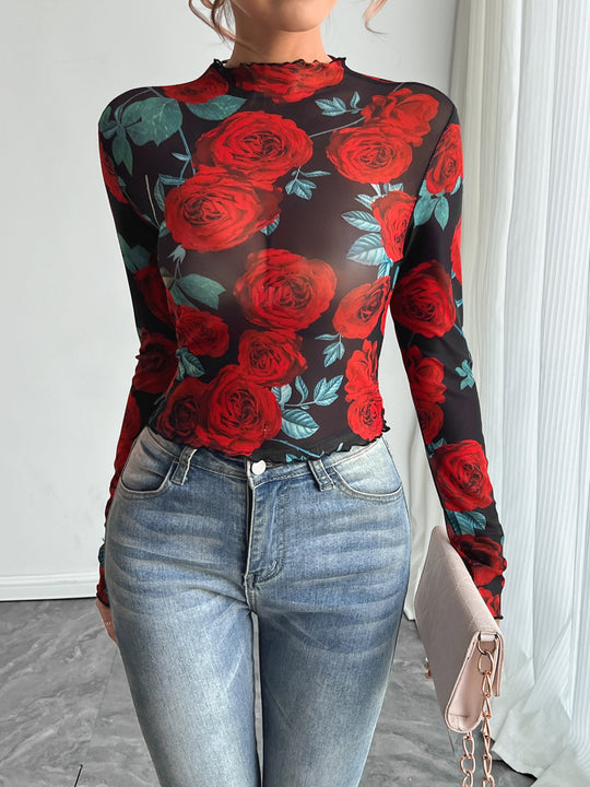Damen Transparente Bluse mit floralem Muster und hohem Kragen EB
