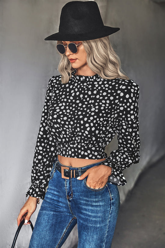 Damen Stehkragen-Blusenshirt mit Volantärmeln und Leopardenmuster EB