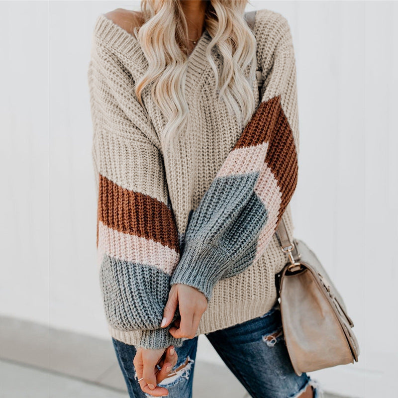 Damen Strickpullover mit modernen Farbblock-Design und weitem Schnitt EB