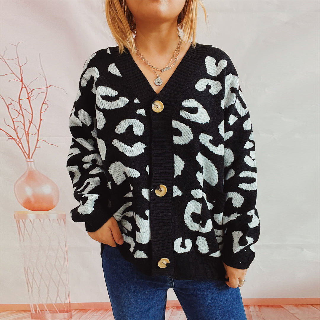 Damen grob gestrickte Cardigan mit tierischem Leopardenmuster und Knopfdetails EB