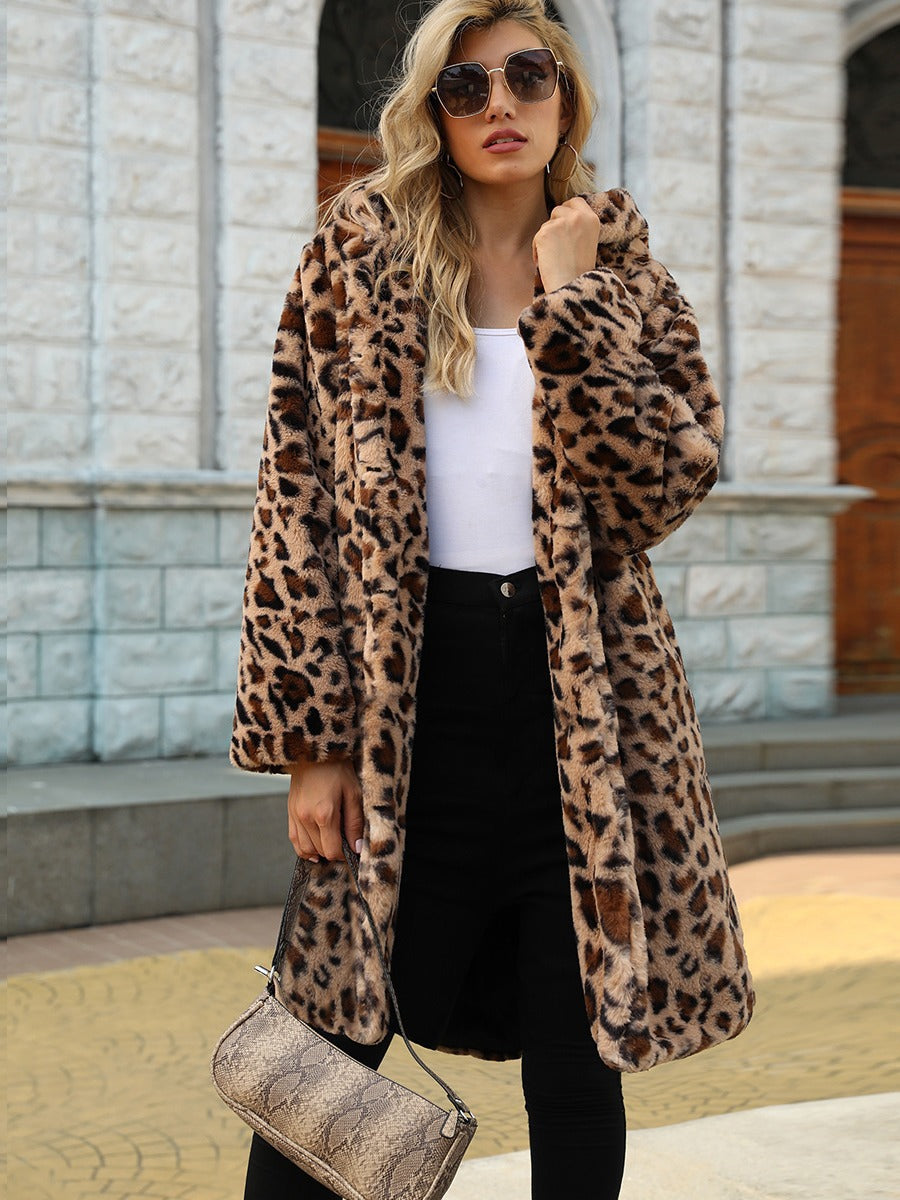 Damen Eleganter Leopardenmuster Mantel aus Kunstfell EB