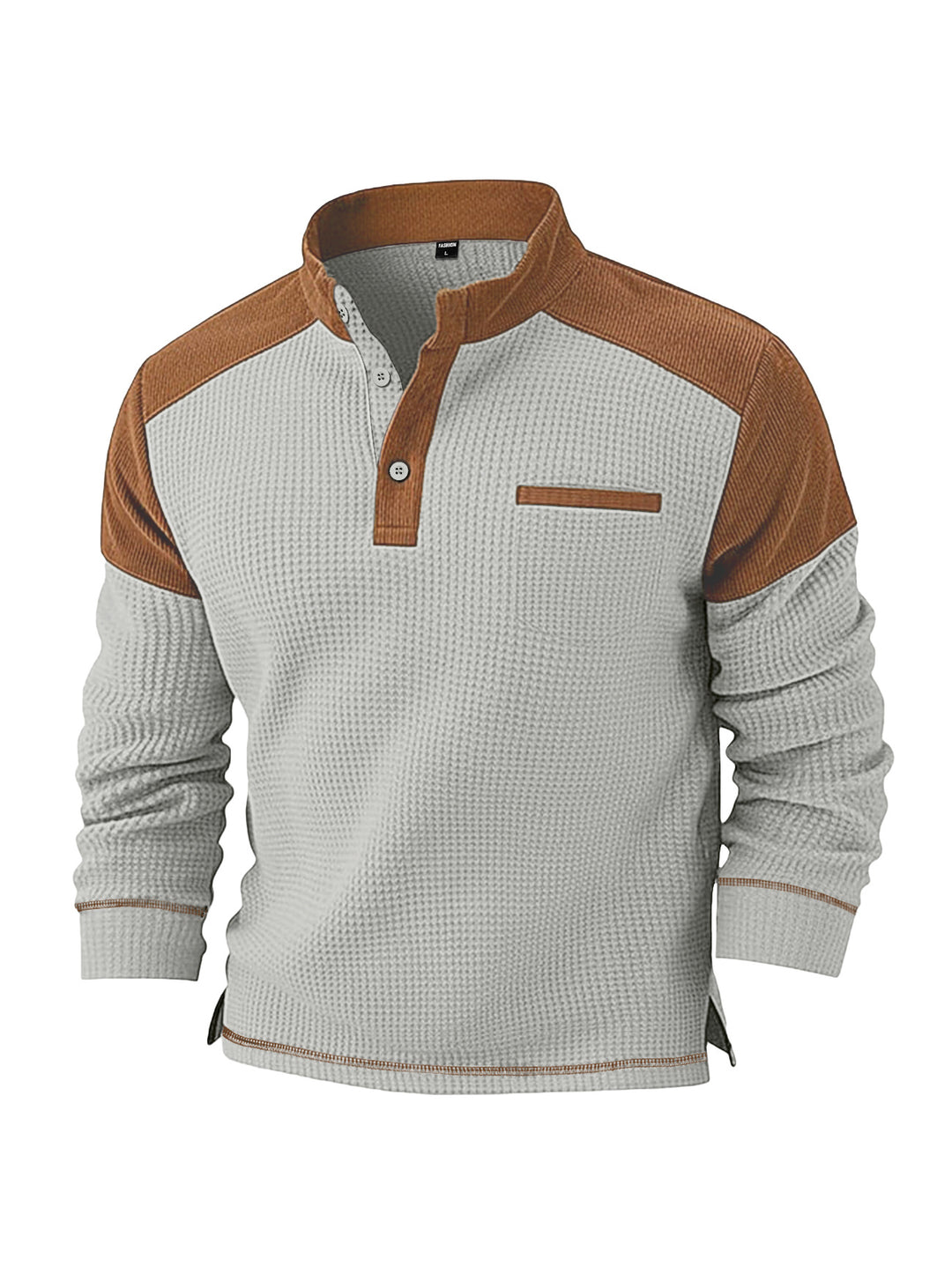 Herren nan Waffelstrick-Henley mit Stehkragen, Cord-Schulterpasse und Brustpaspel EB