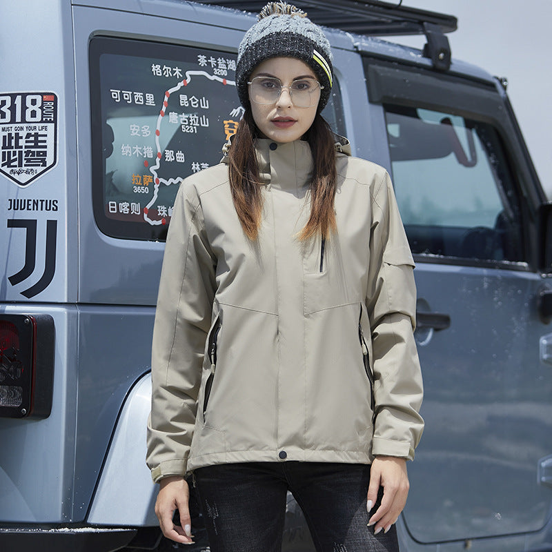Damen Wasserdichte Outdoorjacke mit Kapuze, atmungsaktiver Membran und Multifunktions‑Reißverschlusstaschen EB