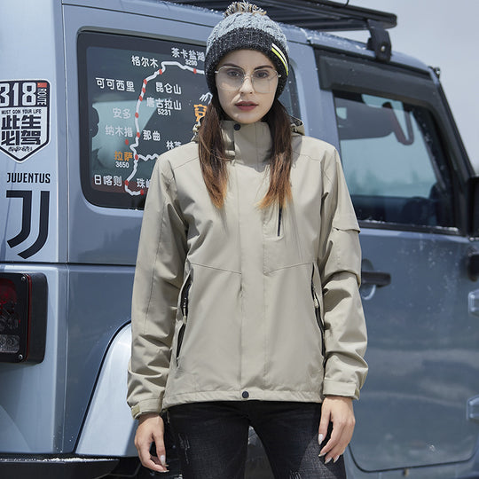 Damen Wasserdichte Outdoorjacke mit Kapuze, atmungsaktiver Membran und Multifunktions‑Reißverschlusstaschen EB