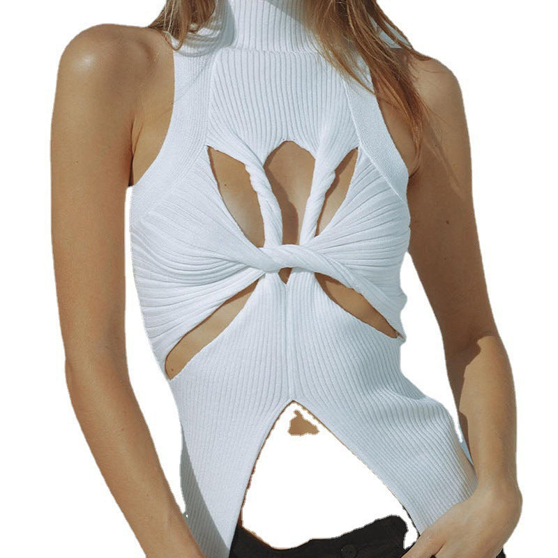 Damen figurbetontes Cut-Out Top mit hohem Kragen EB