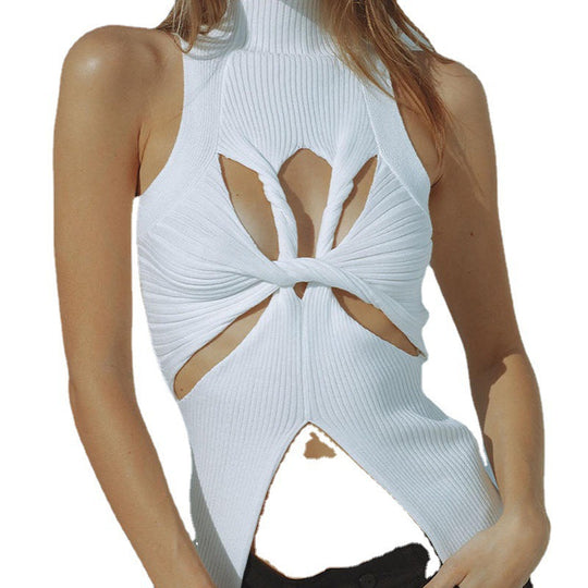 Damen figurbetontes Cut-Out Top mit hohem Kragen EB