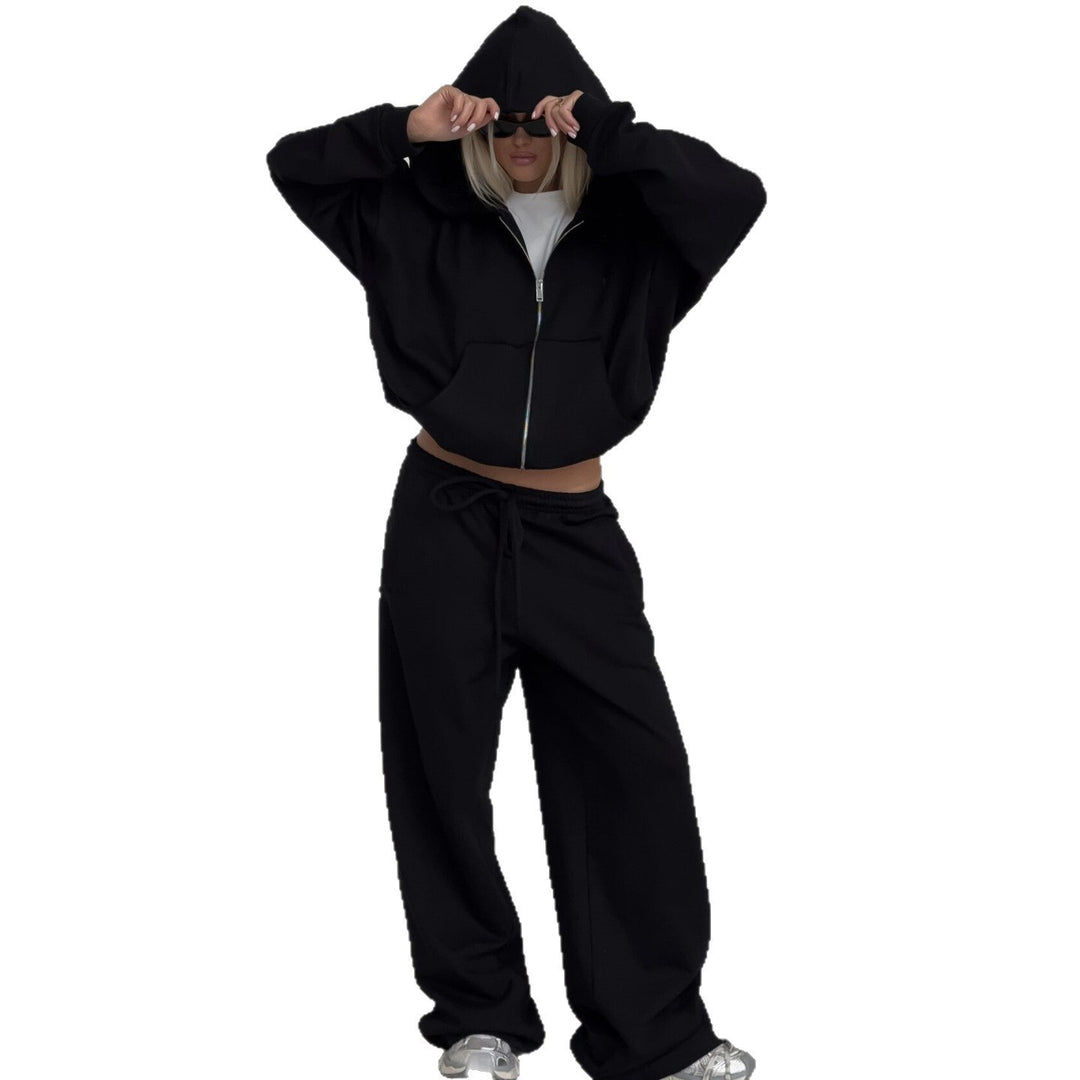 Damen oversized kurz geschnittener Kapuzenpullover und hochtaillierte Jogginghose Set aus Bio-Baumwollfleece EB