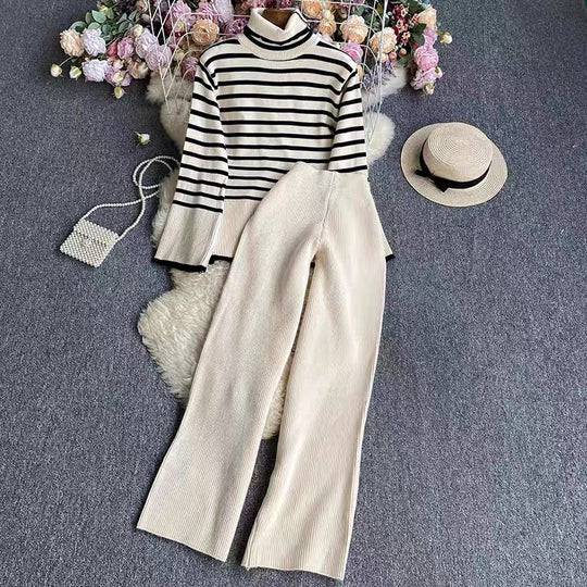 Damen elegantes gestreiftes Strickensemble mit hohem Kragen und weitem Bein EB