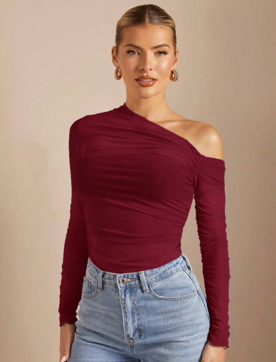 Damen Asymmetrischer Body mit Raffungen und langen Ärmeln EB