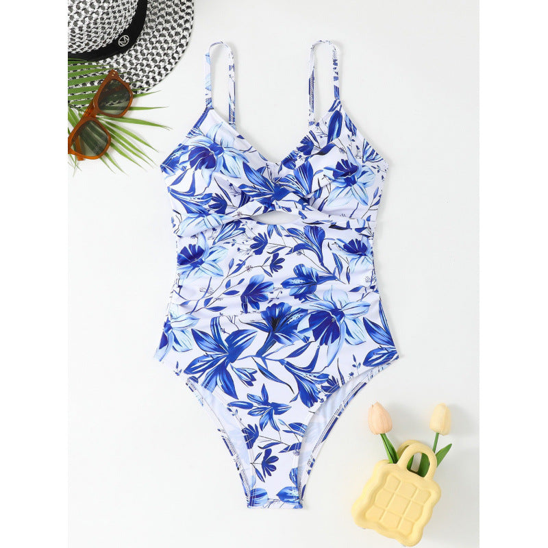 Damen Einteiler Badeanzug mit modischem floralen Design und hoch geschnittenem Ausschnitt EB