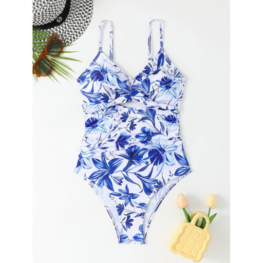 Damen Einteiler Badeanzug mit modischem floralen Design und hoch geschnittenem Ausschnitt EB