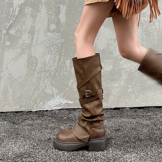 Damen modische Overknee-Stiefel mit stylischem Riemen-Design EB
