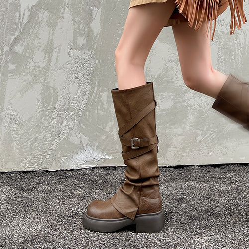Damen modische Overknee-Stiefel mit stylischem Riemen-Design EB