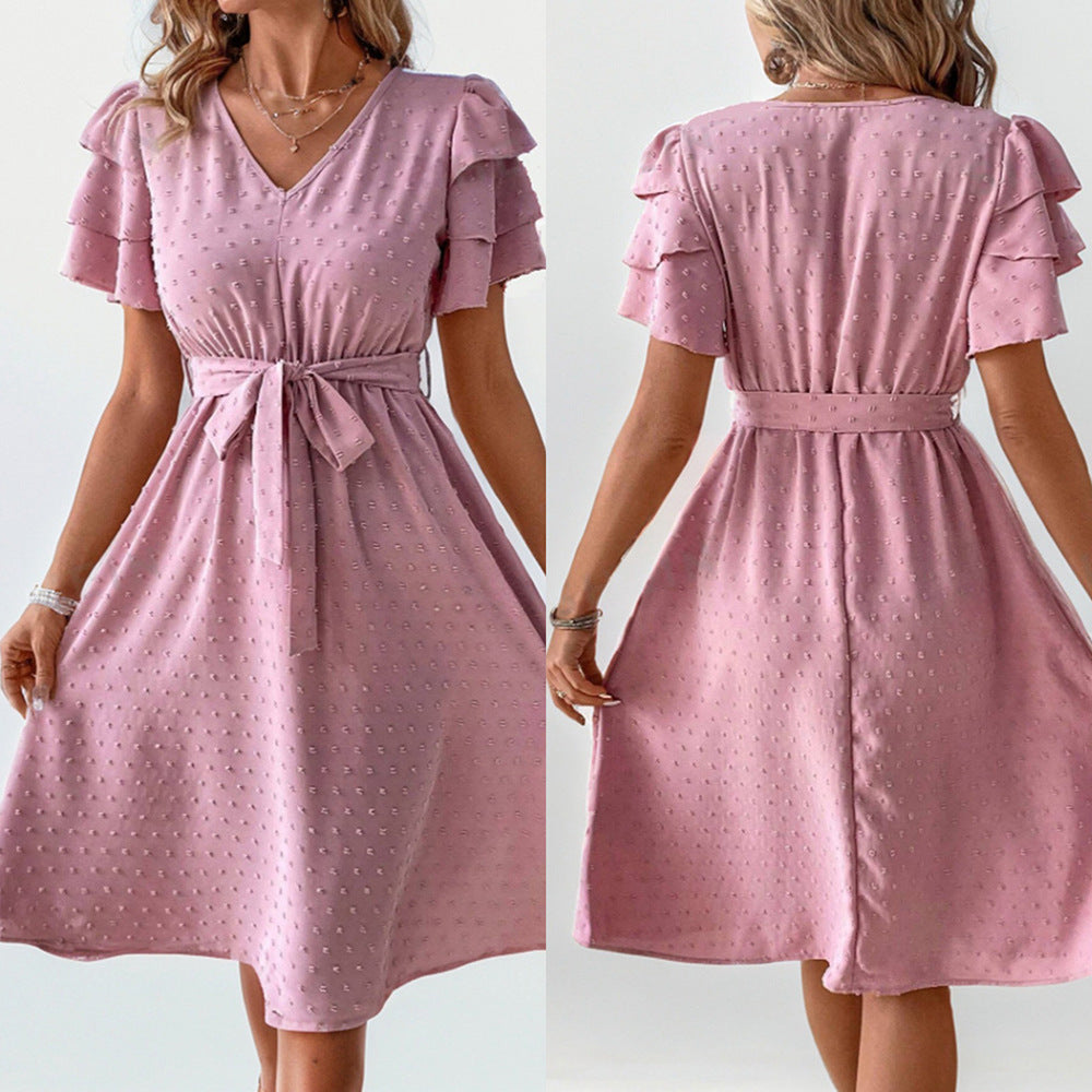 Damen Midi-Kleid mit schickem V-Ausschnitt und voluminösen Rüschensäumen EB