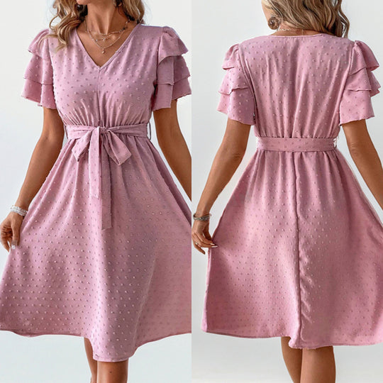 Damen Midi-Kleid mit schickem V-Ausschnitt und voluminösen Rüschensäumen EB