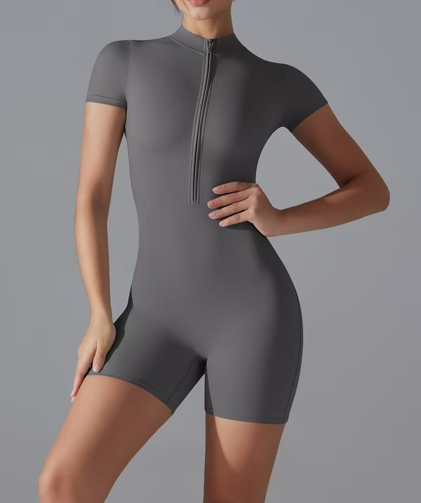 Damen Sportliche Kurzarm-Jumpsuit mit Reißverschluss EB
