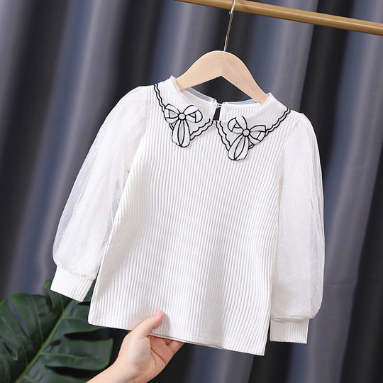 Mädchen Bluse mit transparenter Puffärmel und besticktem Kragen EB