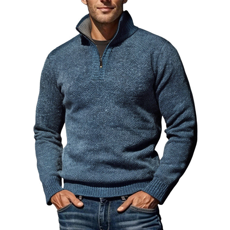Herren nan grobgestrickter Strickpullover mit halbem Reißverschluss und hohem Stehkragen EB
