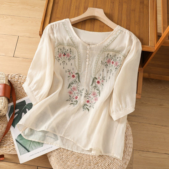 Damen Blusenshirt mit floralem Stickdesign und knöpfbarem Ausschnitt EB