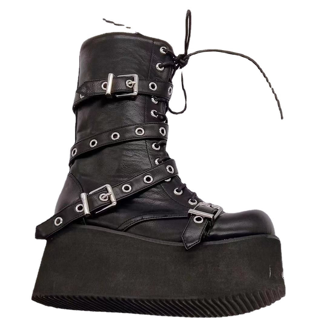 Damen plateau Combatstiefel mit Schnallen Ösen Schnürung und seitlichem Reißverschluss EB