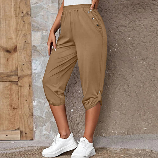 Damen nan lässige dreiviertellange Hose mit elastischem Bund, Eingrifftaschen und krempelbarem Saum EB