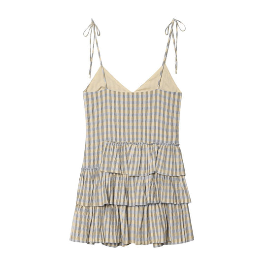 Damen luftiges V-Ausschnitt Sommerkleid mit Rüschen und verstellbaren Trägern EB