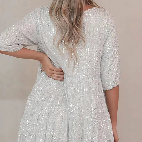Damen funkelndes Mini-Kleid mit Pailletten und weitem Schnitt EB