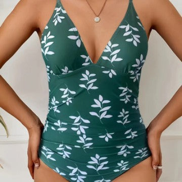 Damen Einteiler Badeanzug mit elegantem V-Ausschnitt und floralem Design EB