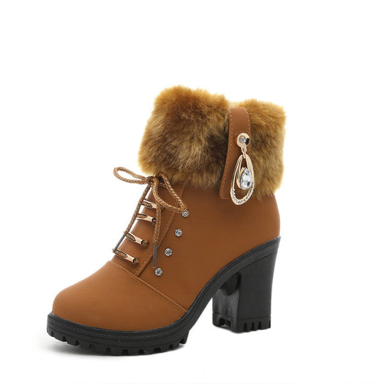 Damen Kunstfellgefütterte Stiefeletten mit eleganten Schnallen und robustem Blockabsatz EB