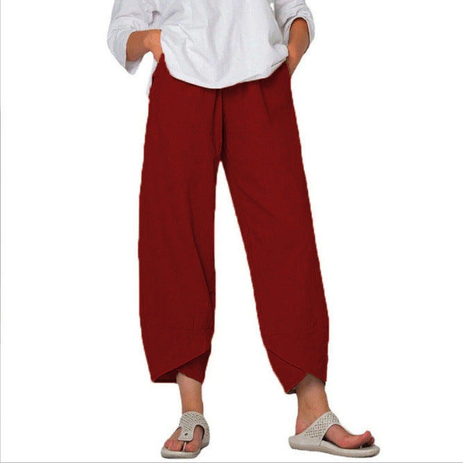 Damen nan lockere Leinenhose mit hohem Bund, Tulpen-Saum und seitlichen Eingrifftaschen EB