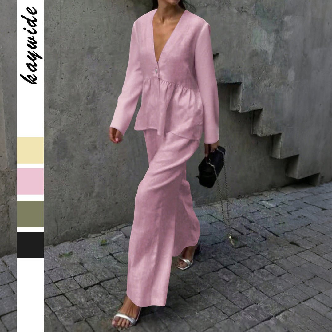 Damen nan legeres Leinenmix-Zweiteiler mit V-Ausschnitt Peplum-Bluse, Einknopfleiste und weitem Palazzo-Hosenbein EB
