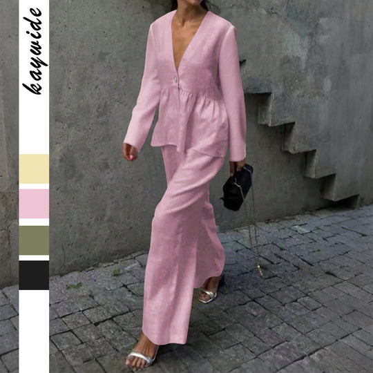 Damen nan legeres Leinenmix-Zweiteiler mit V-Ausschnitt Peplum-Bluse, Einknopfleiste und weitem Palazzo-Hosenbein EB
