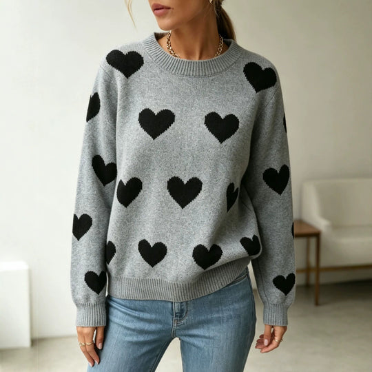 Damen Herz-Intarsien Rundhalspullover mit lässiger Oversize-Passform EB